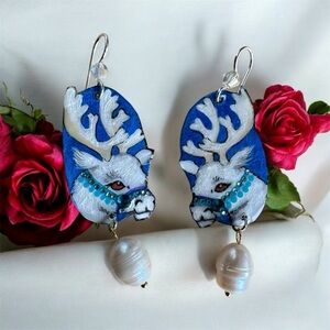 Hand fainted, reindeer, holiday Christmas, Earrings, Sterling wires pearl charm